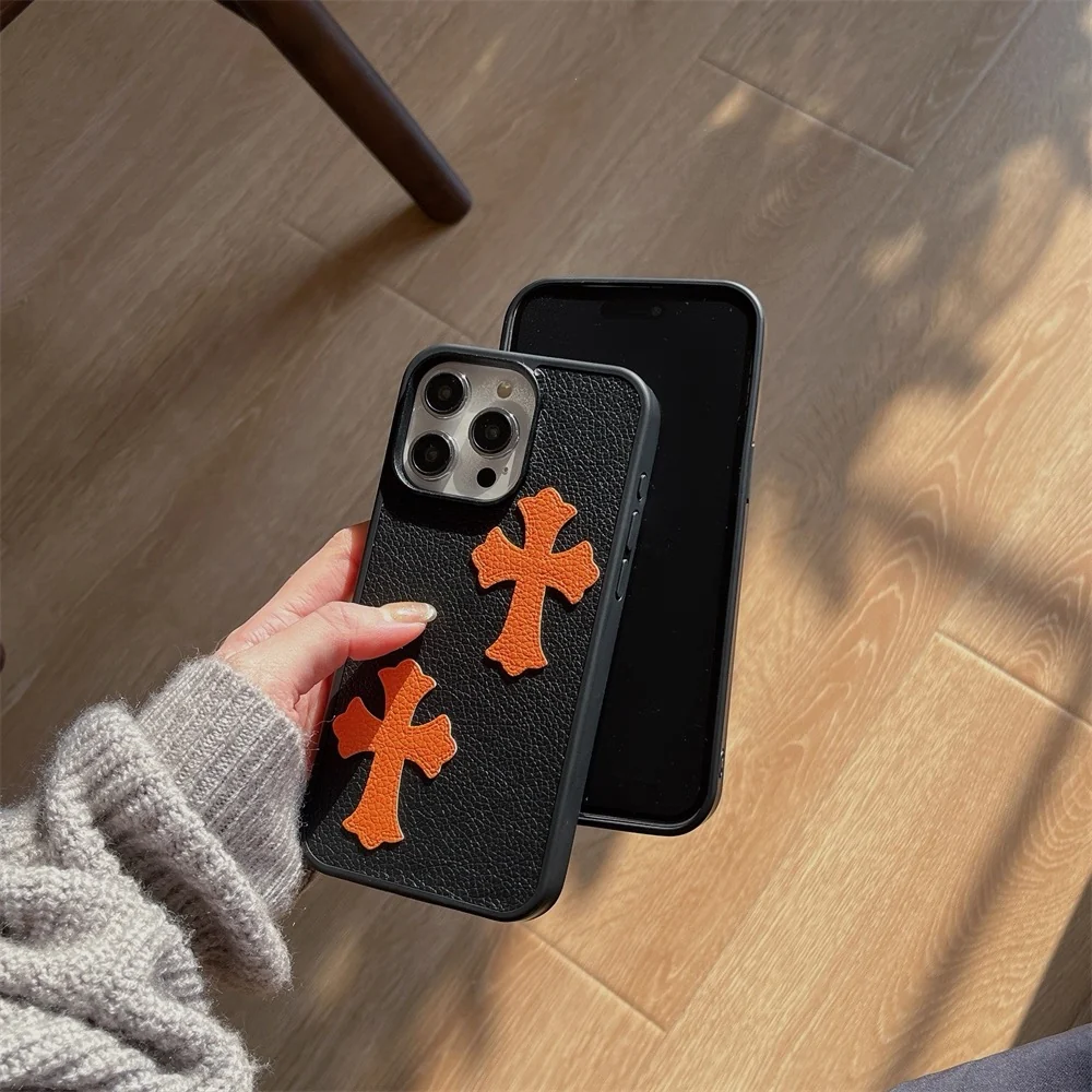 Cross Heart Leather Orange/Black iPhone Case - Image 2